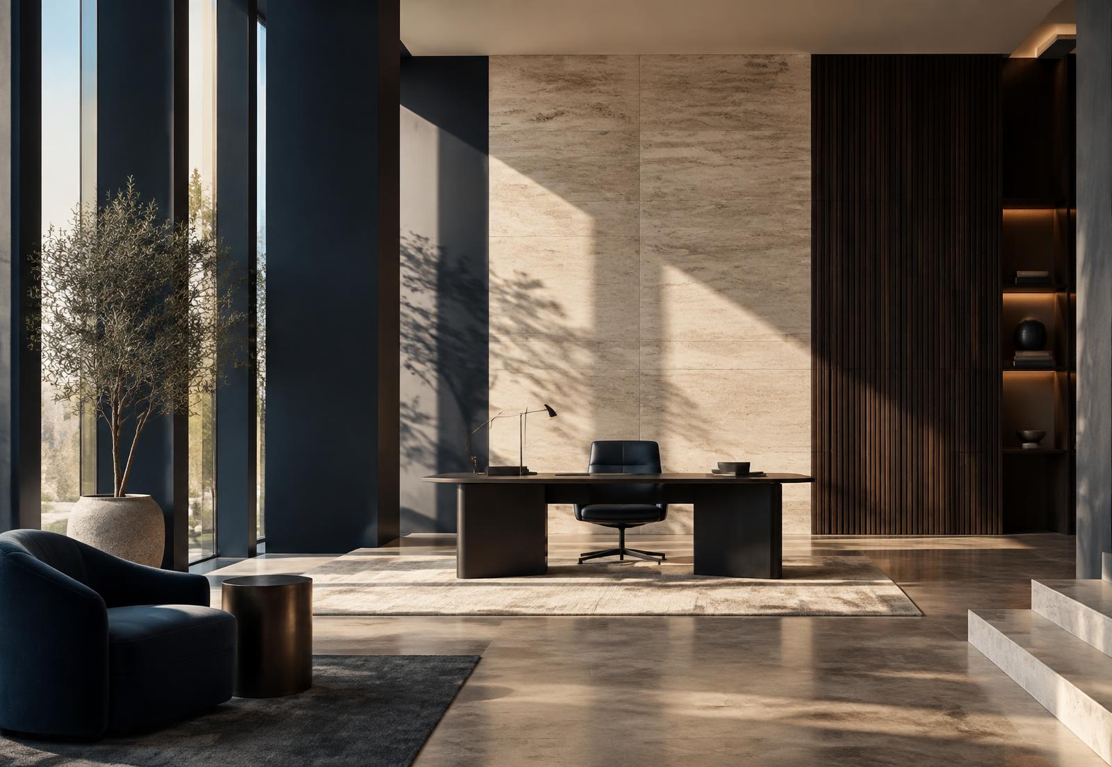 Interior arquitectónico contemporáneo en piedra y madera oscura
